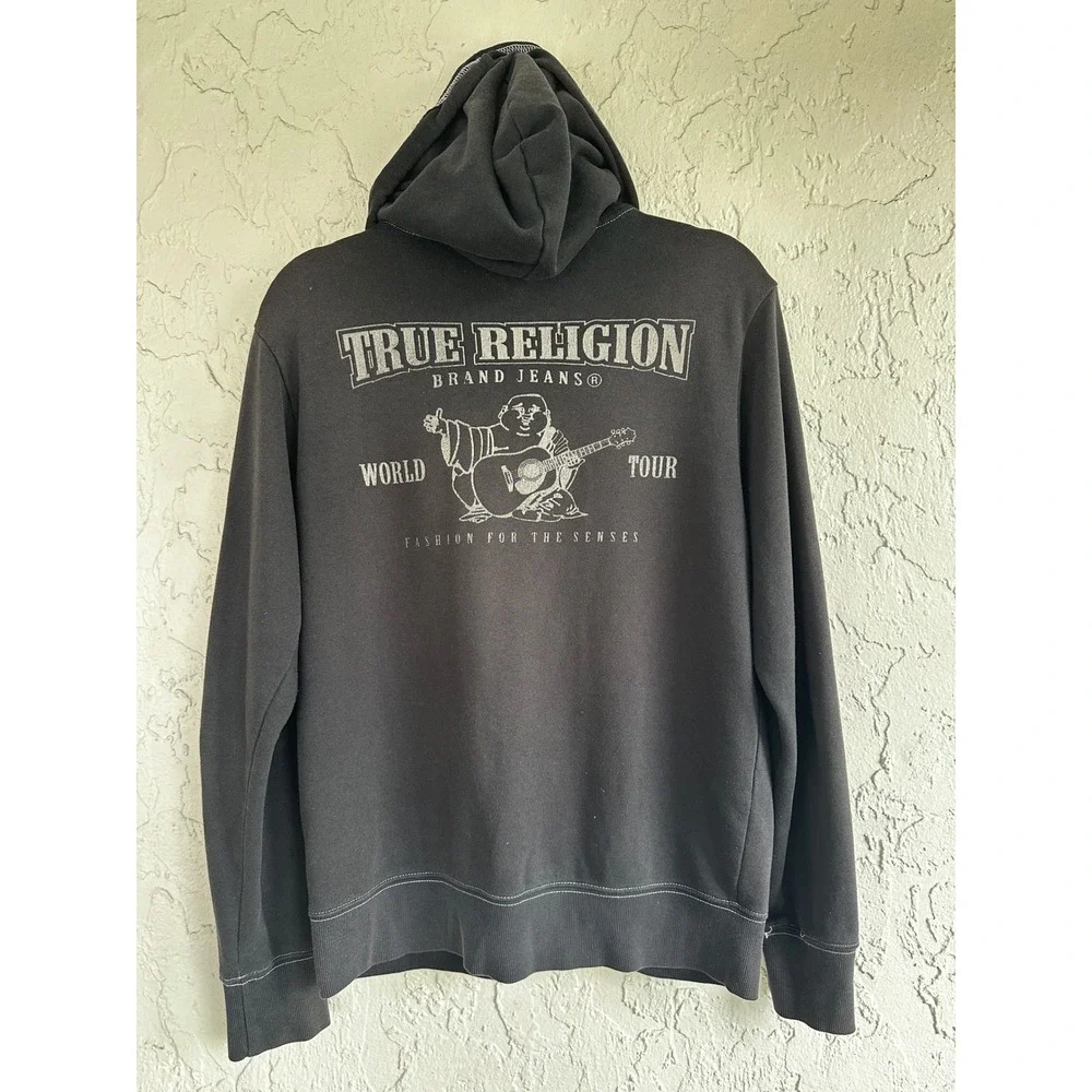True Religion World Tour Black Zip Up Hoodie Buddha Graphic Contrast Stitch M